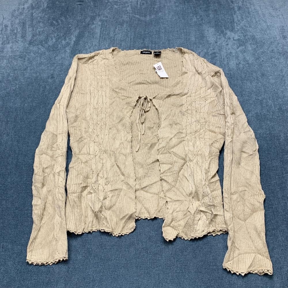 Tangents Maurices Cardigan Sweater Womens XL Tan Tie Front Crochet Trim Cotton